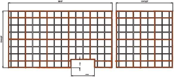 This is the ceiling with a 16" grid, and the orange lines are the grid pattern I'm planning on laying up. Because the plywood seams are all over the place, I won't have a perfect square grid like I wanted but it's not worth ripping the ceiling down to do it over.