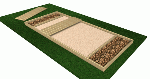 6x9 sandbox, with two gravel partitions. Covers slide along the side rails and are removable.
