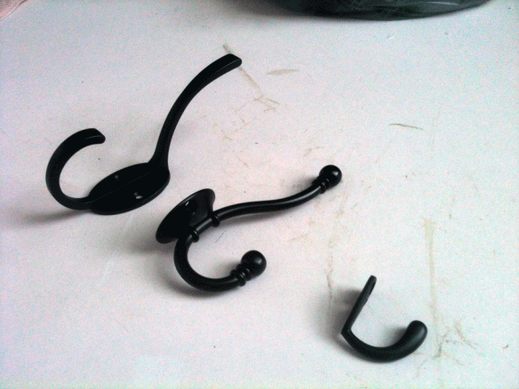 Third time is the charm. Here are the three styles of coat hooks I bought.