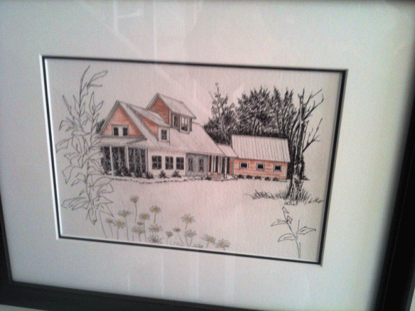 My mom presented us with this awesome drawing of our home that she made us. We hung it up in the stairwell.