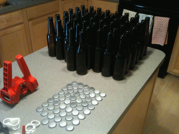 bottles and caps waiting to be cleaned. My OCD in action.