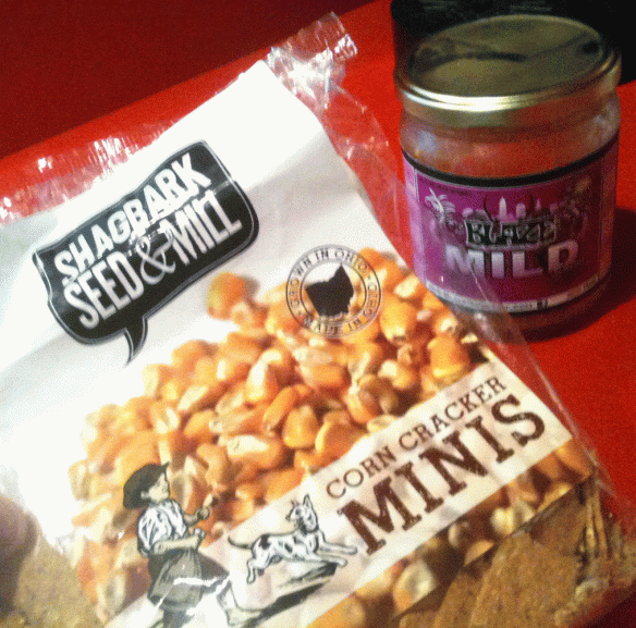 This is the best salsa and chip combo, courtesy of our CSA. Blaze Gourmet salsa and Shagbark Seed & Mill corn cracker minis.