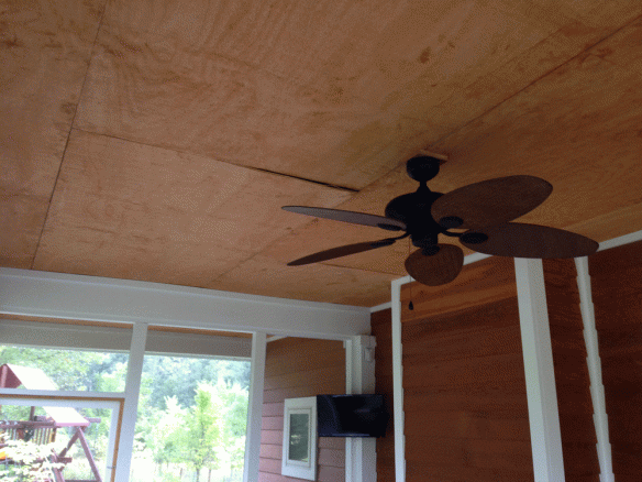 Ceiling before installing trim. You can see seams between 4x8 sheets of ceiling plywood.
