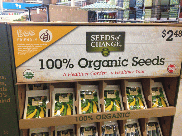 Bee friendly, organic seed display at Lowe's.